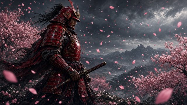 Original adult samurai in red lacquered armor standing in a storm of pink cherry blossom petals, hand on katana hilt, original AI ninja wallpaper