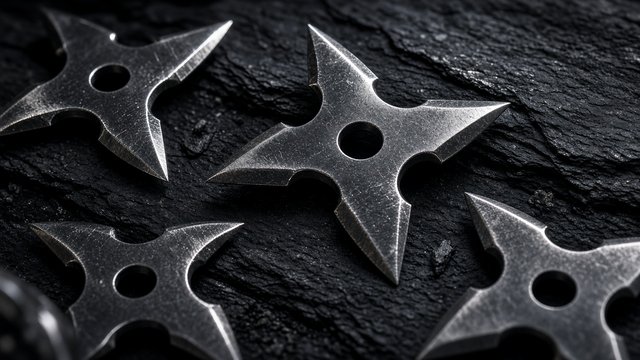 Polished steel shuriken throwing stars scattered on black slate, dramatic rim light, macro still life, original AI ninja wallpaper
