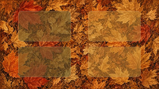Flat 2D desktop wallpaper of warm autumn leaves with four faint translucent rounded rectangle zones overlaid flat on the image, empty, no objects, no text, original AI organizer wallpaper