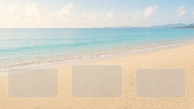 Flat 2D desktop wallpaper of a calm beach and soft sand with three faint frosted rounded rectangle zones overlaid flat on the image, empty, no objects, no text, original AI organizer wallpaper