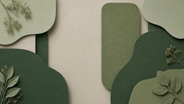 Calm desktop organizer background of soft rounded forest green and moss color blocks with empty zones, no text, original AI organizer wallpaper
