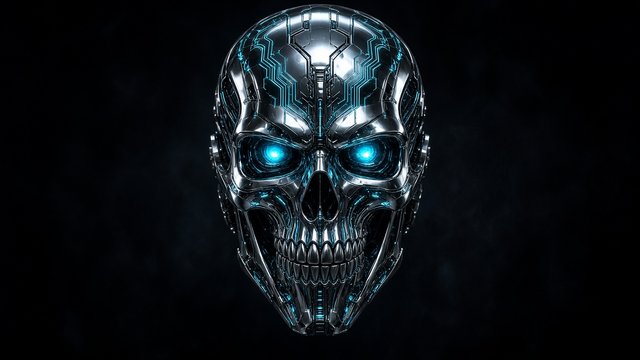 Centered chrome cyber skull with glowing cyan circuitry, dark background, original AI profile picture wallpaper
