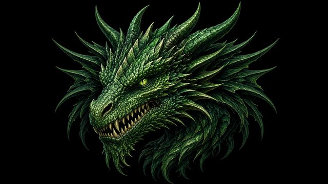 Centered fierce green dragon head emblem on black background, profile picture composition, original AI profile picture wallpaper