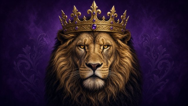 Centered majestic lion face with golden crown on deep purple background, avatar composition, original AI profile picture wallpaper