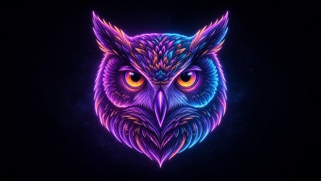 Centered glowing neon outline owl face on a dark background, bold profile picture composition, original AI profile picture wallpaper