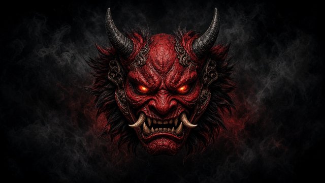 Centered red oni demon mask artwork on dark smoky background, bold avatar style, original AI profile picture wallpaper
