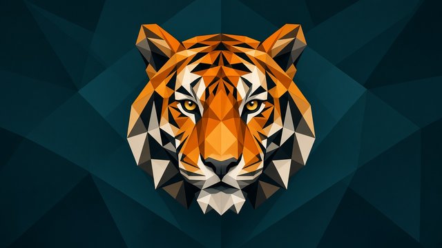 Centered low-poly geometric tiger face in orange and black on a dark teal background, profile picture composition, original AI profile picture wallpaper