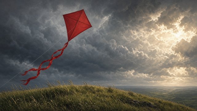 A red diamond-shaped fabric toy kite with a long ribbon tail on a string, flying high against storm clouds breaking into sunlight over a grassy hill, no people, no text, original AI motivational wallpaper