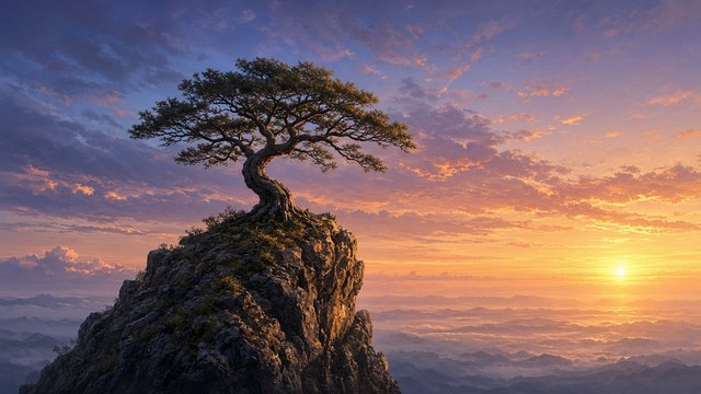 Lone tree growing from a cliff rock against a wide sunrise sky, symbol of resilience, original AI motivational wallpaper