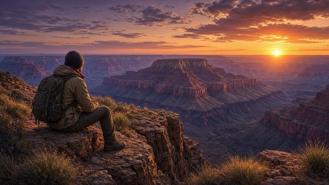 Adult hiker sitting on the edge of a high desert mesa looking over a vast canyon at sunset, no text, original AI motivational wallpaper