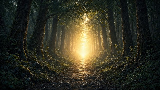 Straight path through a dark forest leading to a bright glowing light at the end, inspirational, original AI motivational wallpaper