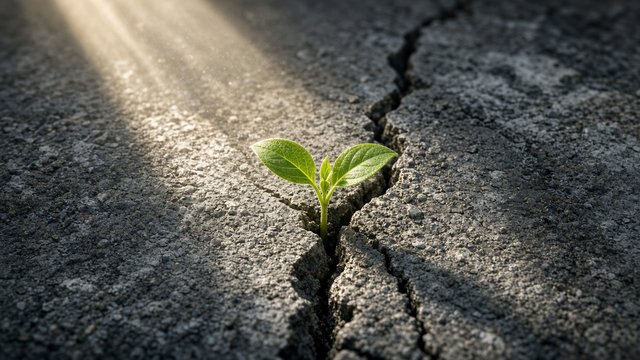 Tiny green seedling growing through a crack in grey concrete in a ray of light, no text, original AI motivational wallpaper