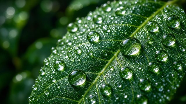 Sharp macro of a green leaf with water droplets reflecting light, crisp detail, original AI wallpaper