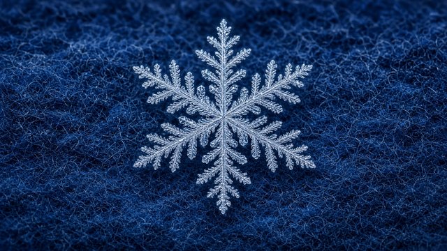 Extreme macro of a single perfect snowflake crystal on dark blue wool, every branch sharp, original AI resolution showcase wallpaper