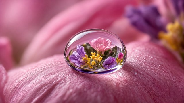 Extreme macro of a water droplet on a pink petal refracting a flower inside it, original AI resolution showcase wallpaper