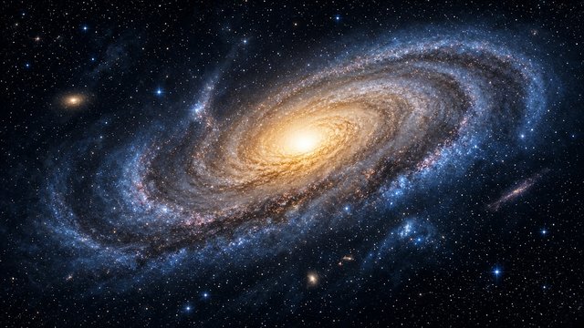 Large tilted spiral galaxy with golden core and blue arms surrounded by countless distant stars, original AI space wallpaper