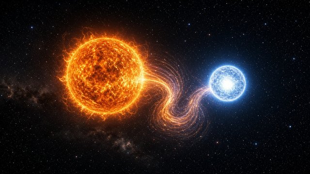 Two stars in close orbit, a large orange star streaming a glowing spiral bridge of plasma onto a small blue-white star, deep starfield background, original AI space wallpaper