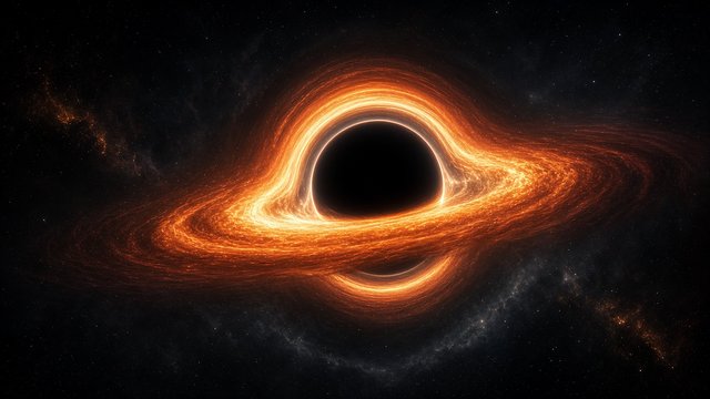 Supermassive black hole with a glowing orange accretion disk bending light around it, scientific space art, original AI space wallpaper