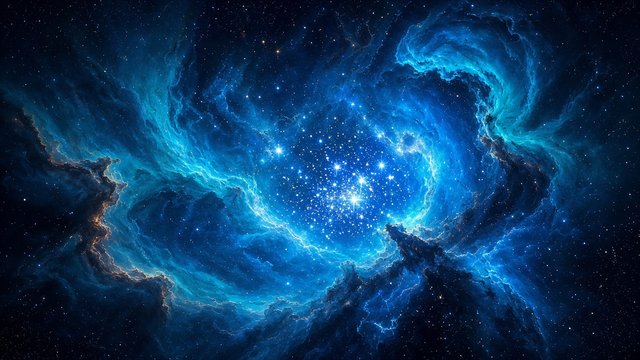 Swirling electric blue and teal emission nebula with a bright young star cluster at its heart, deep space astrophotography style, original AI space wallpaper
