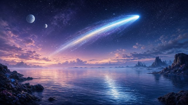 Bright comet with long glowing tail streaking above a calm alien ocean under two small moons, original AI space wallpaper