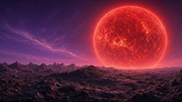 Huge red dwarf star rising over the rocky horizon of a barren exoplanet with thin purple atmosphere, original AI space wallpaper