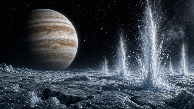 Surface of a cracked icy moon with towering glittering water geysers erupting into space, a huge banded gas giant planet hanging low on the black horizon, original AI space wallpaper