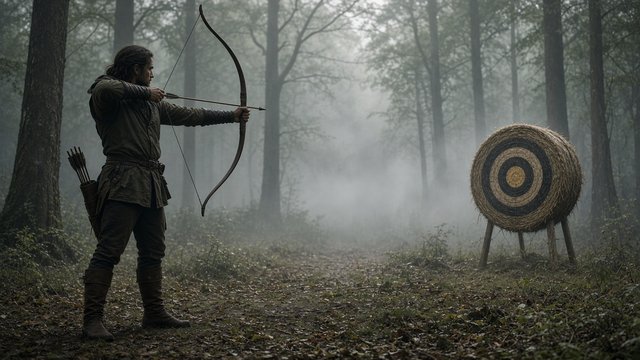 Adult archer drawing a recurve bow aiming at a round straw target on a misty forest range, side view, unbranded, original AI sports wallpaper