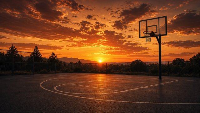 Empty outdoor basketball court with a hoop silhouetted at sunset, warm sky, no logos, original AI sports wallpaper