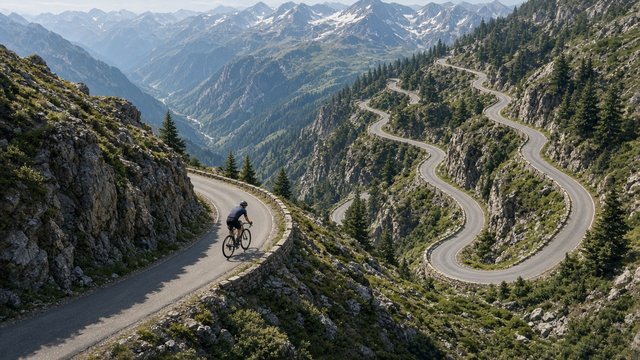Adult road cyclist climbing winding mountain switchback road from above, unbranded, original AI sports wallpaper