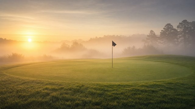 Empty golf green with flag in soft morning mist and golden sunrise light, no logos, original AI sports wallpaper