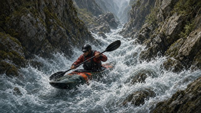 Adult kayaker paddling through foaming whitewater rapids in a rocky canyon, original AI sports wallpaper