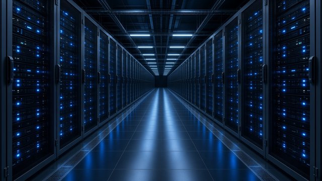 Long data center corridor of server racks with blue LED lights, symmetric perspective, original AI tech wallpaper