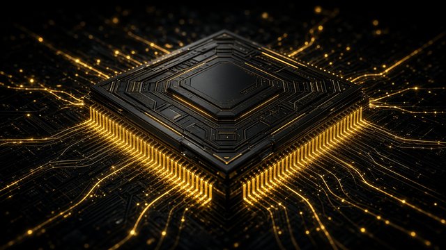 Futuristic processor chip with golden pins glowing and energy lines radiating, dark, no markings, original AI tech wallpaper