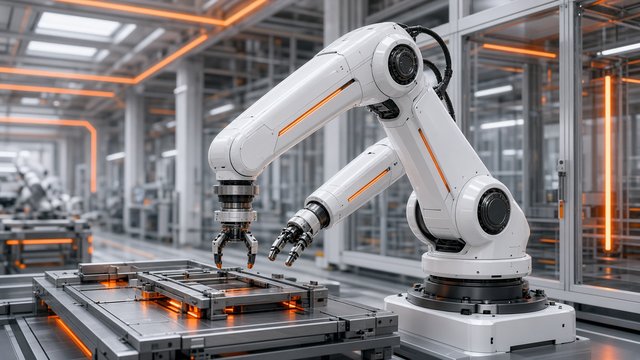 Sleek white industrial robotic arm in a clean futuristic factory with orange accent light, original AI tech wallpaper