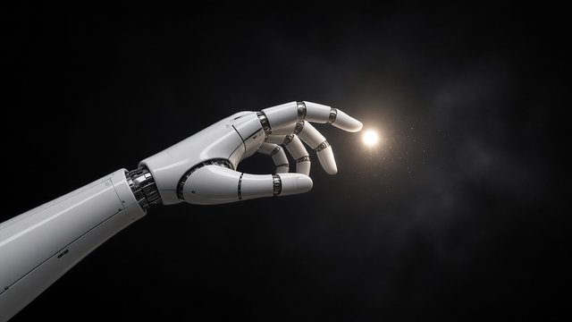 Sleek white robotic hand reaching toward a glowing point of light on a dark background, original AI tech wallpaper