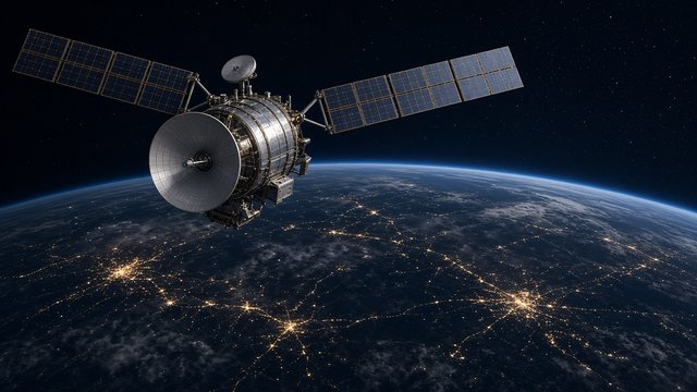 Original communications satellite orbiting above a night-side planet with city lights, original AI tech wallpaper