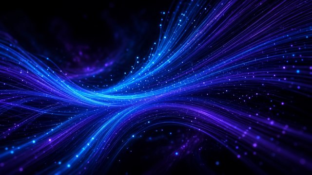 Streams of glowing blue and violet fiber optic light strands flowing through darkness, original AI tech wallpaper
