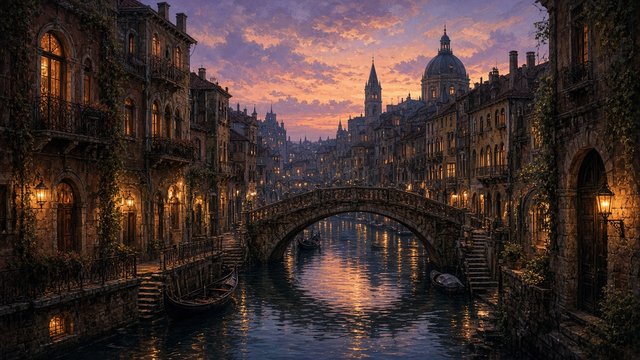 Old European-style canal city at evening with arched bridges and warm window lights, original AI travel wallpaper