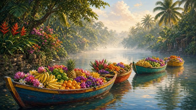 Colorful wooden boats loaded with tropical fruit and flowers on a calm river canal at morning, no people faces visible, original AI travel wallpaper
