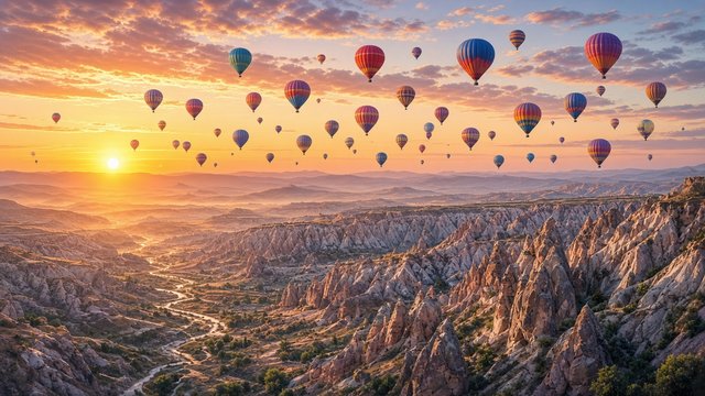 Dozens of colorful unbranded hot air balloons floating over rocky valley at sunrise, original AI travel wallpaper