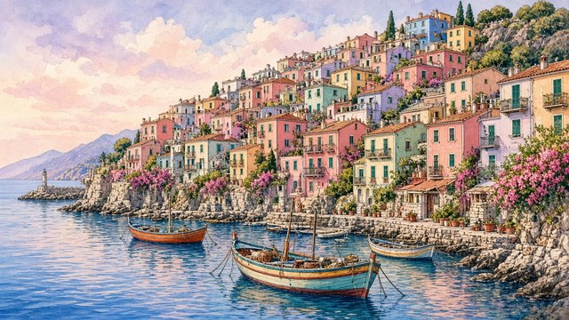 Colorful pastel houses stacked around a small harbor with wooden fishing boats on calm blue water, original AI travel wallpaper