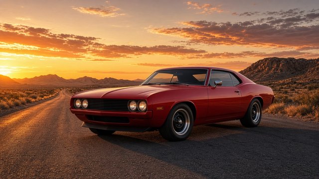 Original badgeless classic-style muscle car in deep red parked on an empty desert highway at golden sunset, no logos, original AI vehicle wallpaper