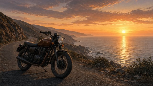 Original badgeless vintage-style motorcycle parked on a winding coastal cliff road at sunset, no logos, original AI vehicle wallpaper